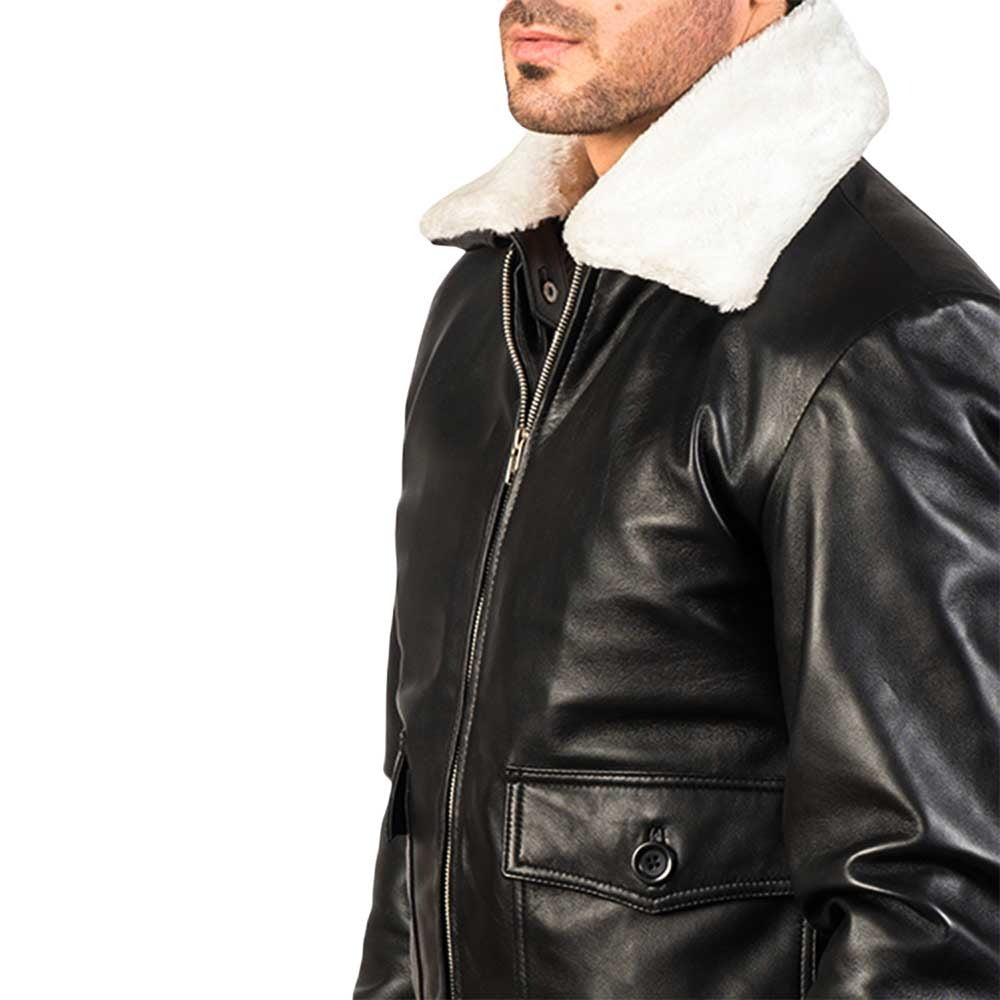 Men’s Flight Bomber Black Leather Jacket with White Collar