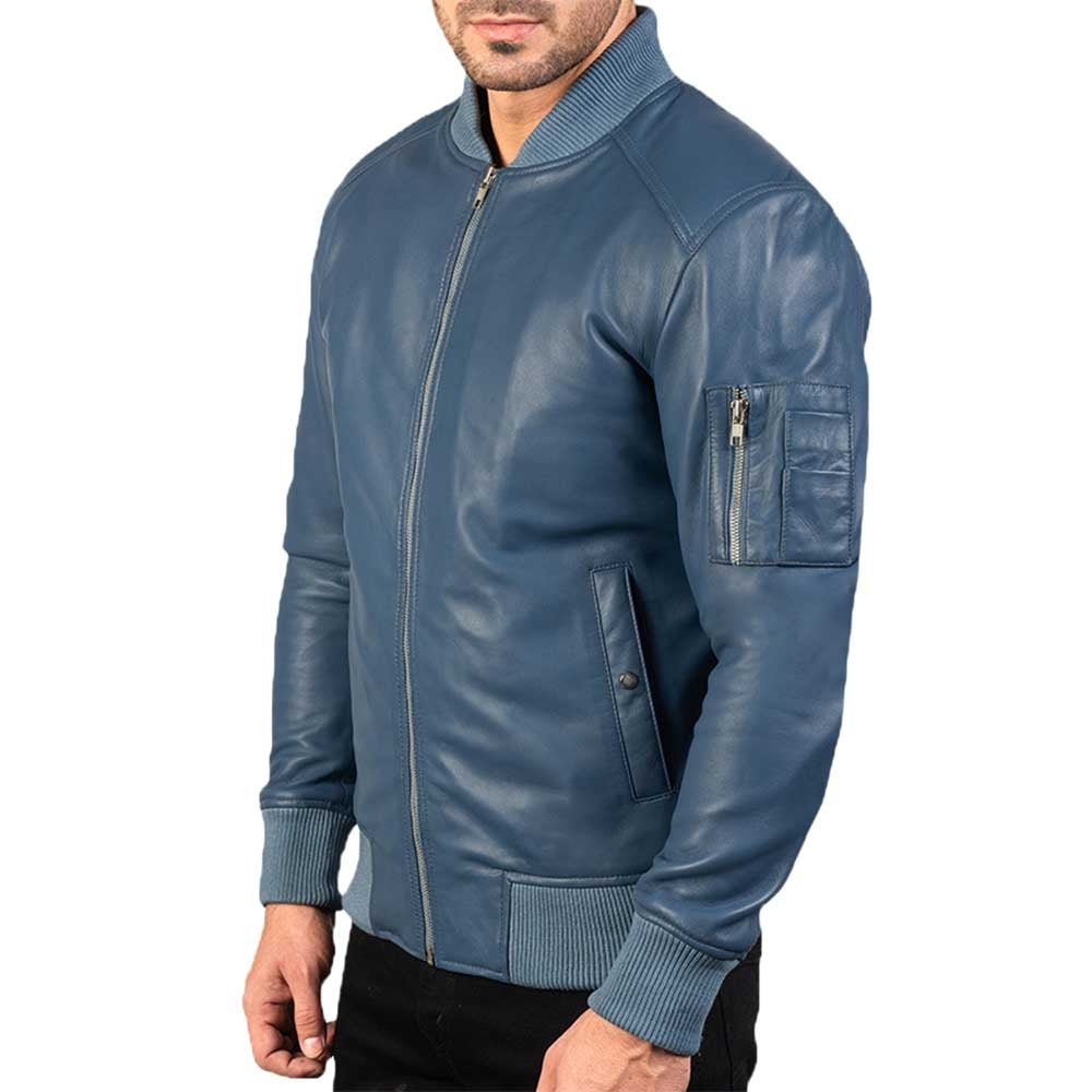 Men’s Blue Sheepskin Leather Varsity Bomber Jacket