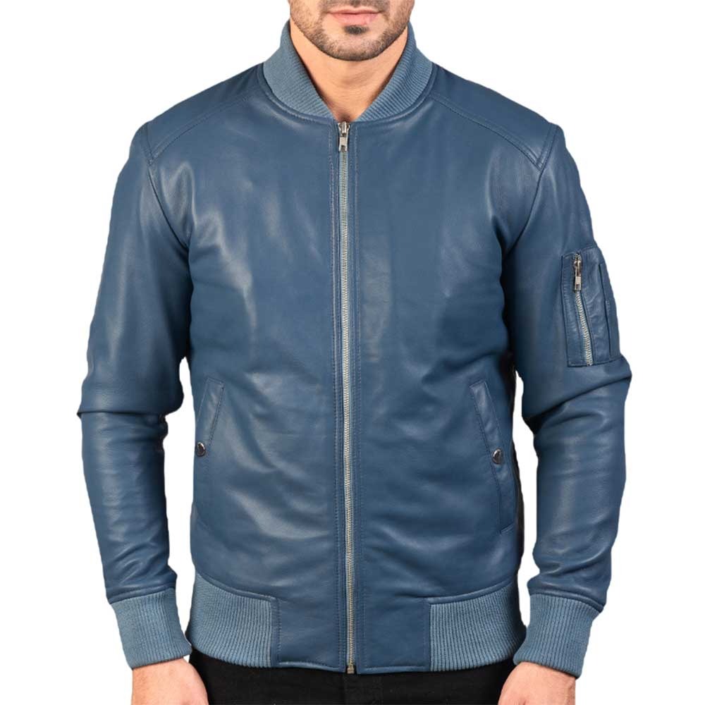Men’s Blue Sheepskin Leather Varsity Bomber Jacket