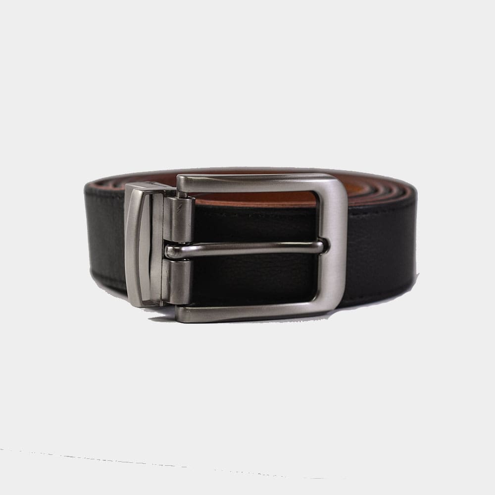 Formal Black and Brown Leather Belt-Premium Silver Reversible Buckle