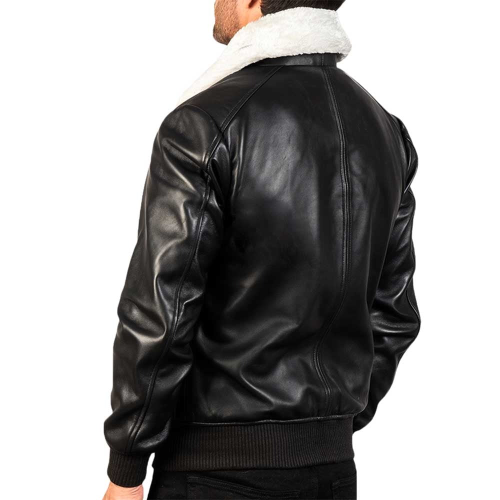 Men’s Flight Bomber Black Leather Jacket with White Collar