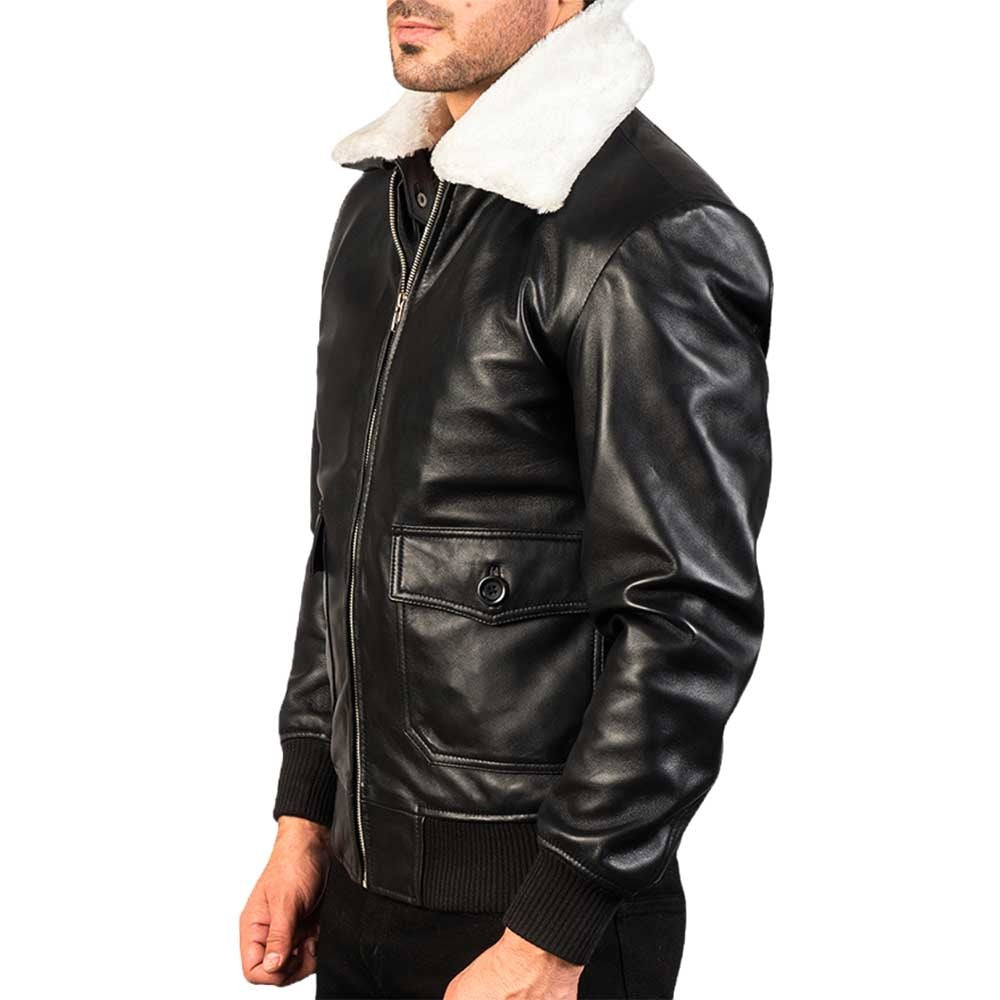 Men’s Flight Bomber Black Leather Jacket with White Collar
