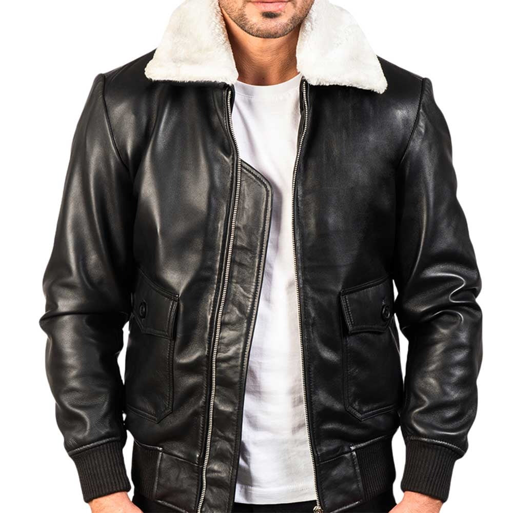 Men’s Flight Bomber Black Leather Jacket with White Collar