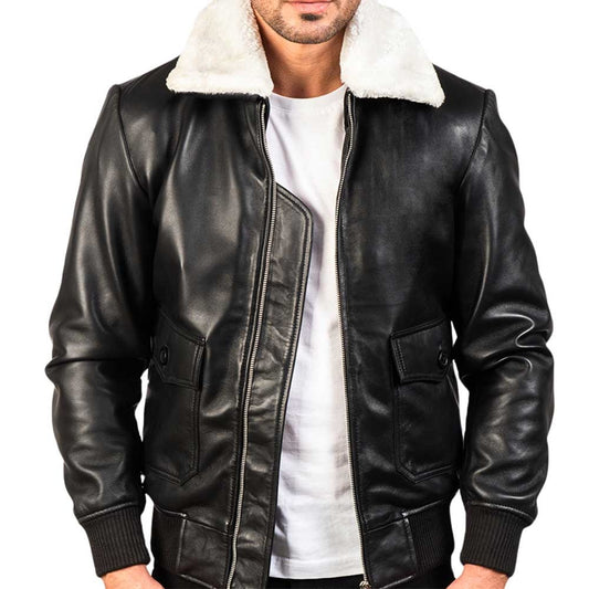 Men’s Flight Bomber Black Leather Jacket with White Collar