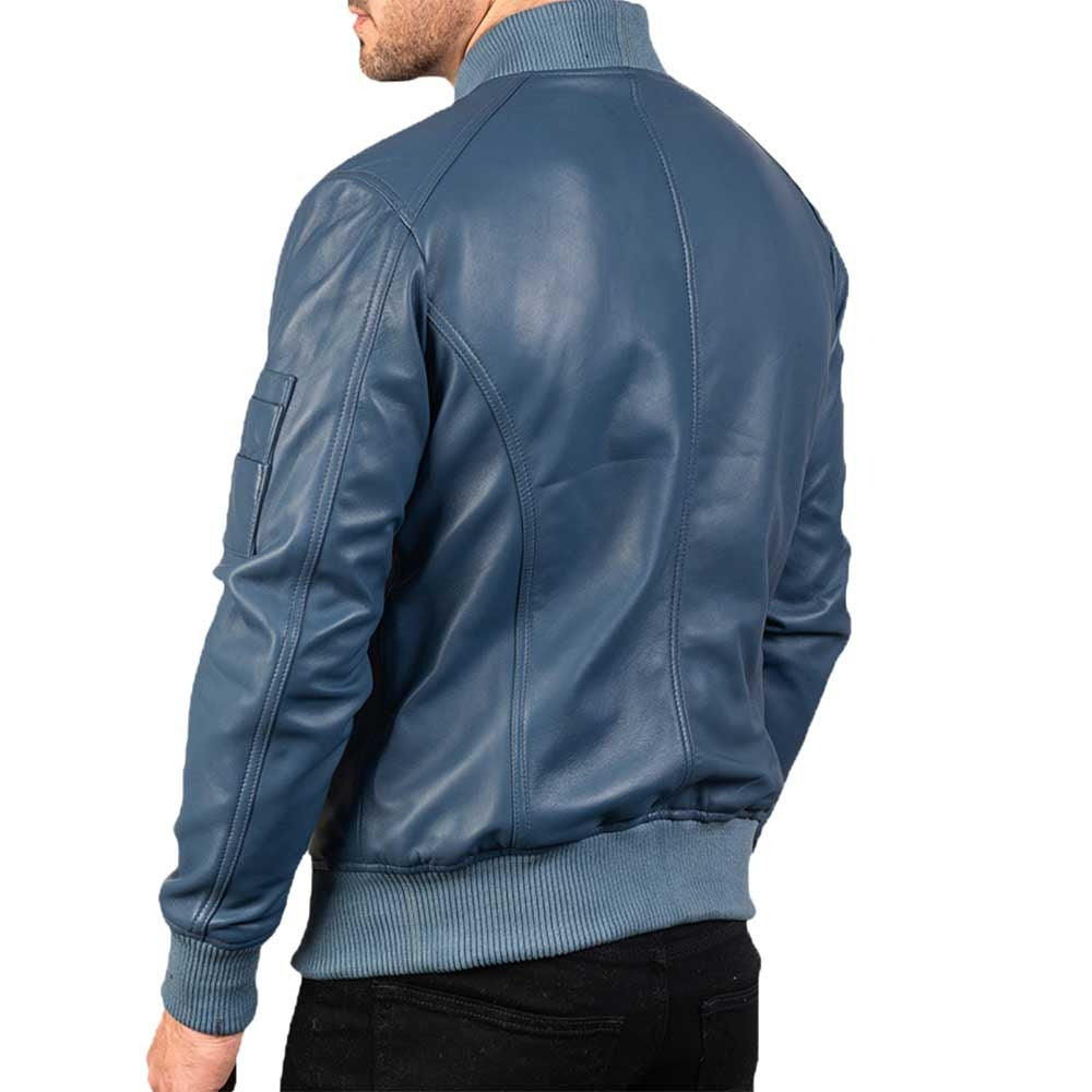 Men’s Blue Sheepskin Leather Varsity Bomber Jacket
