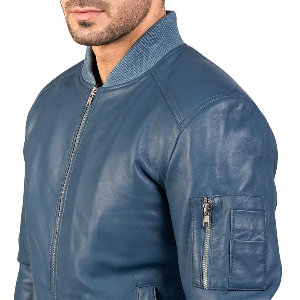 Men’s Blue Sheepskin Leather Varsity Bomber Jacket