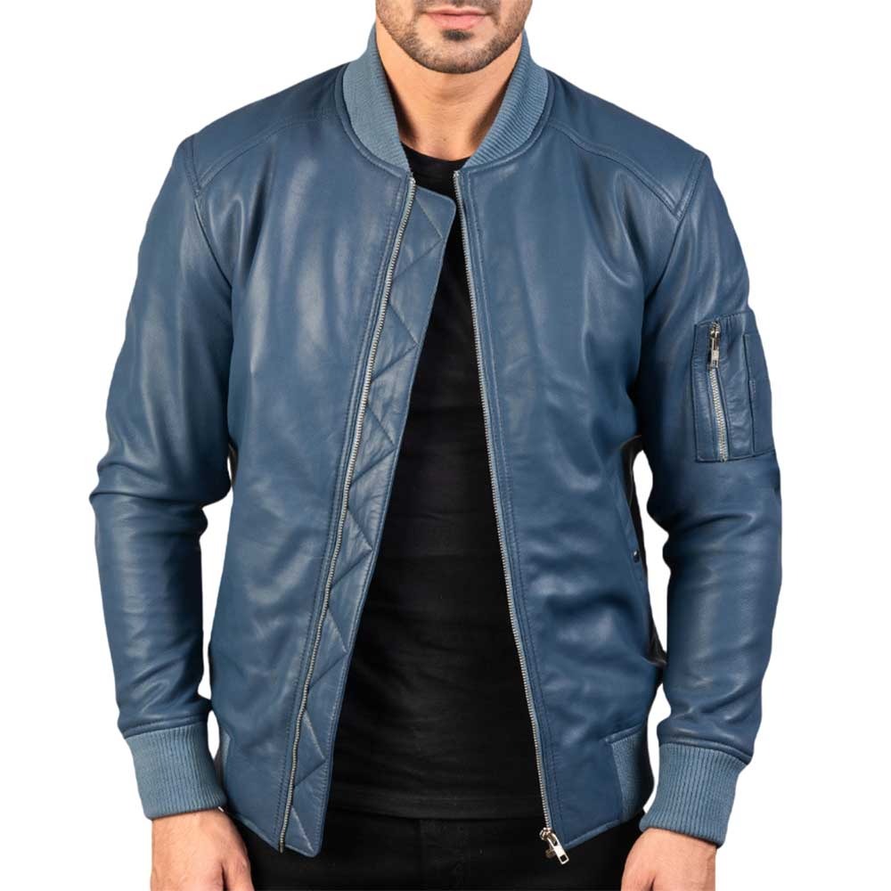 Men’s Blue Sheepskin Leather Varsity Bomber Jacket