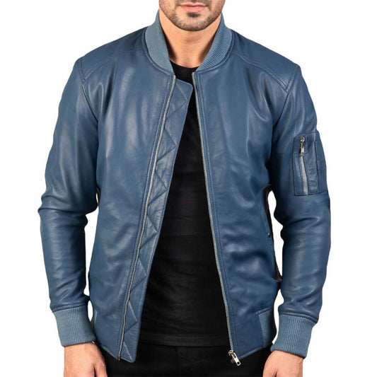 Men’s Blue Sheepskin Leather Varsity Bomber Jacket